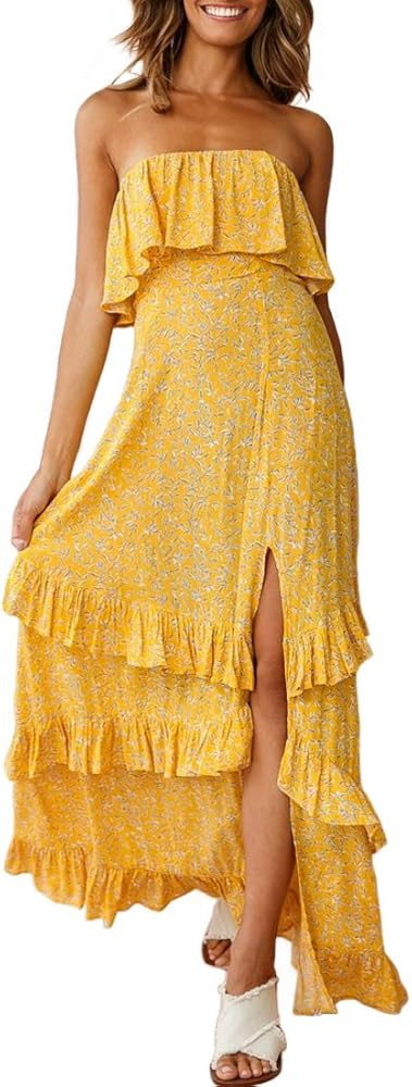 Zattcas Women Off Shoulder Maxi Dress Summer Strapless Long Maxi Dress with Slit | Amazon (US)