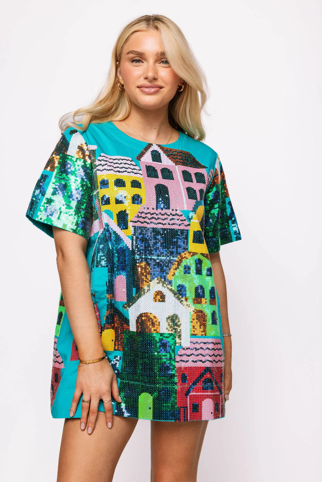 Blue Multi Sequin Houses Short Sleeve Dress | Queen of Sparkles