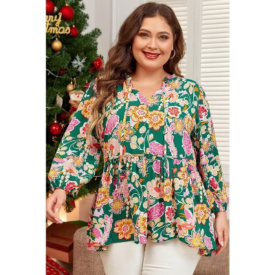 Floral Tied V Neck Long Sleeve Plus Size Babydoll Top | Target