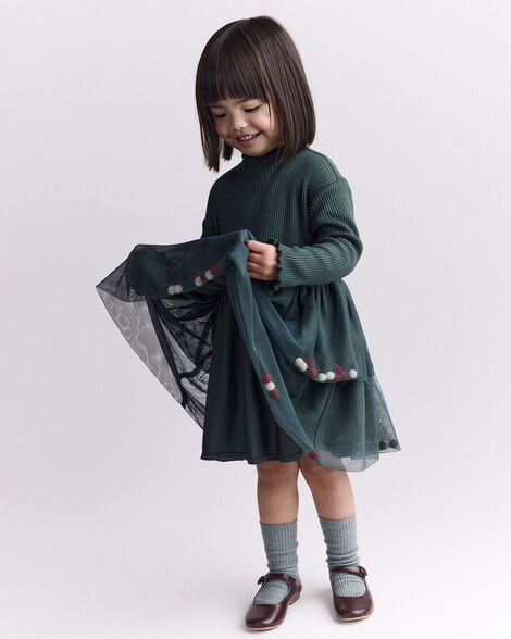 Toddler Girl Tree Pom Pom Long-Sleeve Tutu Dress - Green | Carter's Inc