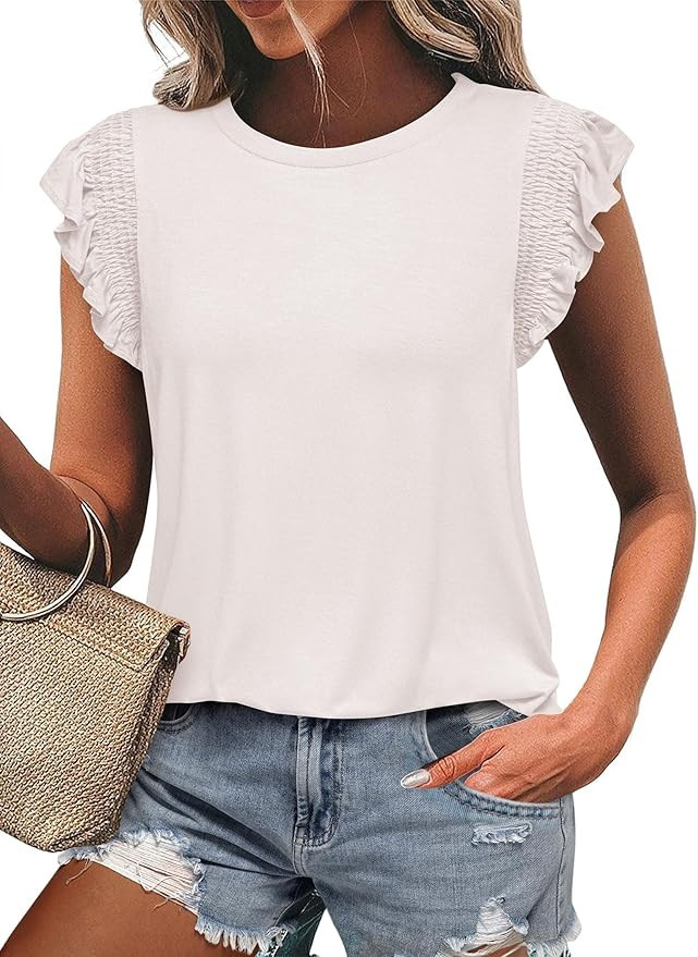 KIRUNDO Womens Summer Tops 2025 Trendy Ruffle Cap Sleeve Casual T Shirts Crewneck Basic Tee Cute ... | Amazon (US)