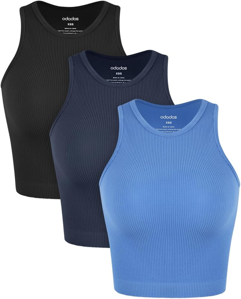 ODODOS 3-Pack Seamless Crop Tank for Women Ribbed Soft High Neck Cropped Tops | Amazon (US)