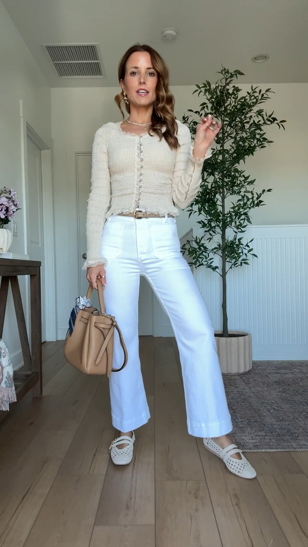 Elevated casual outfit. Mom outfit. Anthropologie Colette crop wide leg jeans in 24 regular (linking full length version, too). I do regular length in these since it’s a crop style! 99% cotton with a little stretch and won’t lose shape. This is a thicker denim material and SO perfect for spring and summer. The perfect white jeans! XS in free people too. Woven ballet flats are TTS. 

#LTKootd #LTKgrwm #LTKPetite