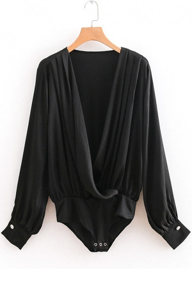 Casual Long Sleeve V Neck Plain Loose Black Bodysuit | Beautifulhalo.com