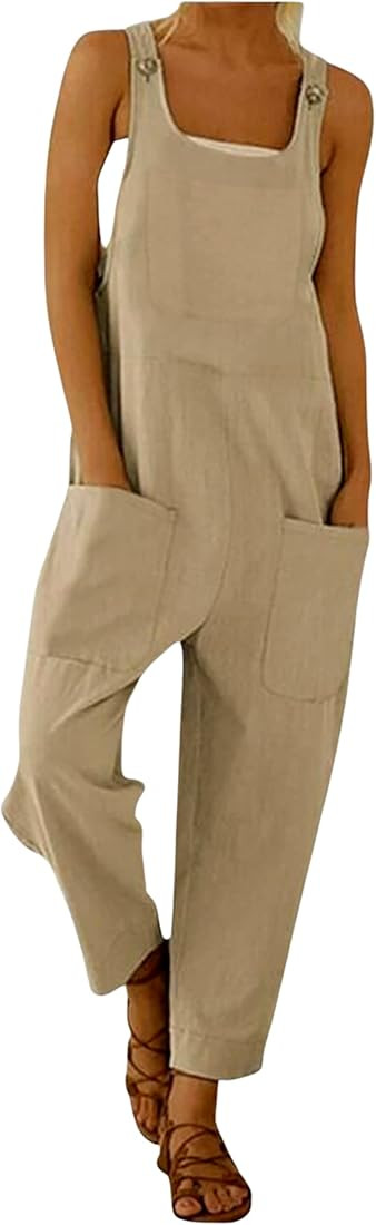 Himythe Women's Sleeveless Loose Fit Overalls Rompers Cotton Linen Wide Leg Jumpsuits | Amazon (US)