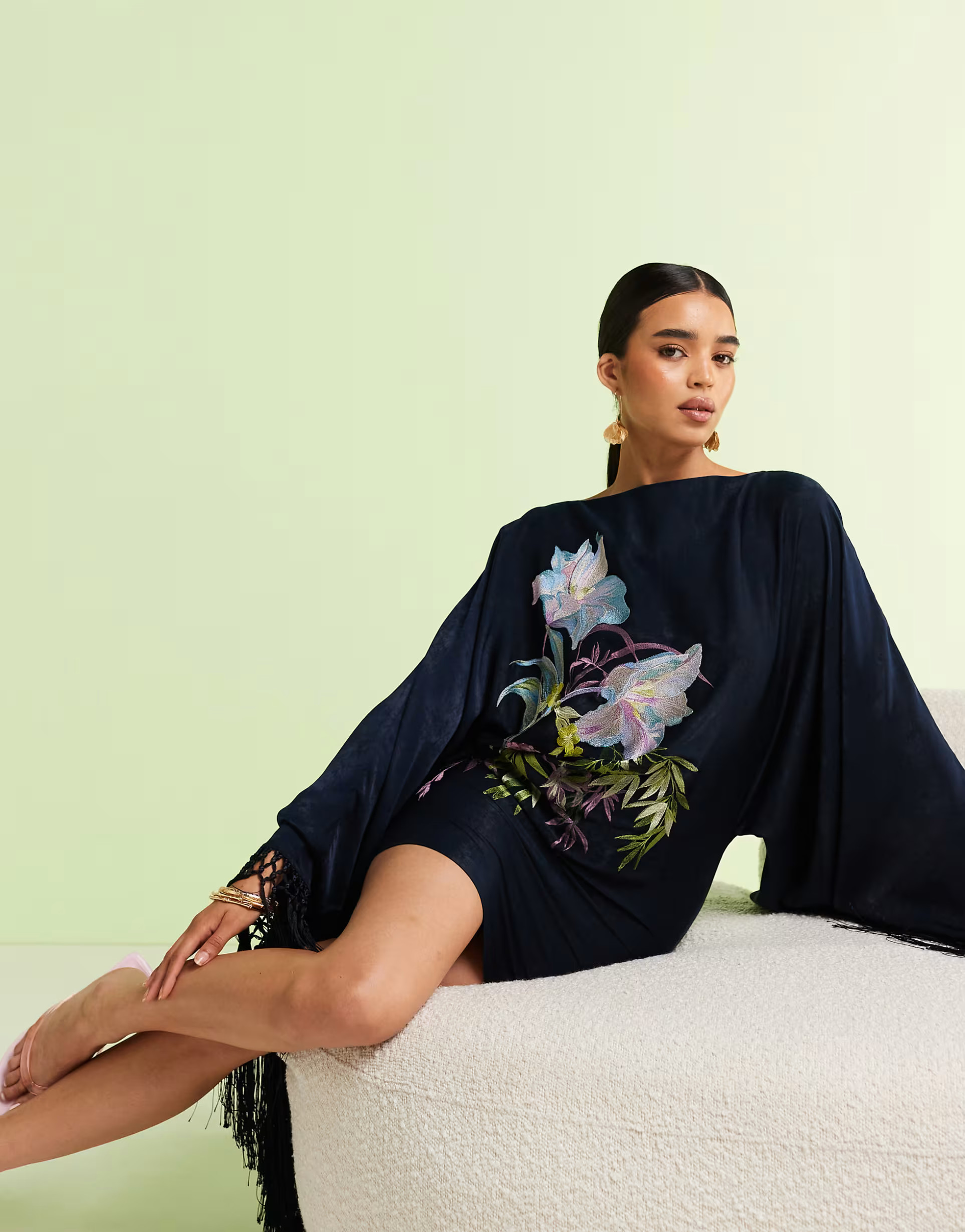 ASOS DESIGN floral embroidered long sleeve mini dress with fringing in navy | ASOS | ASOS (Global)