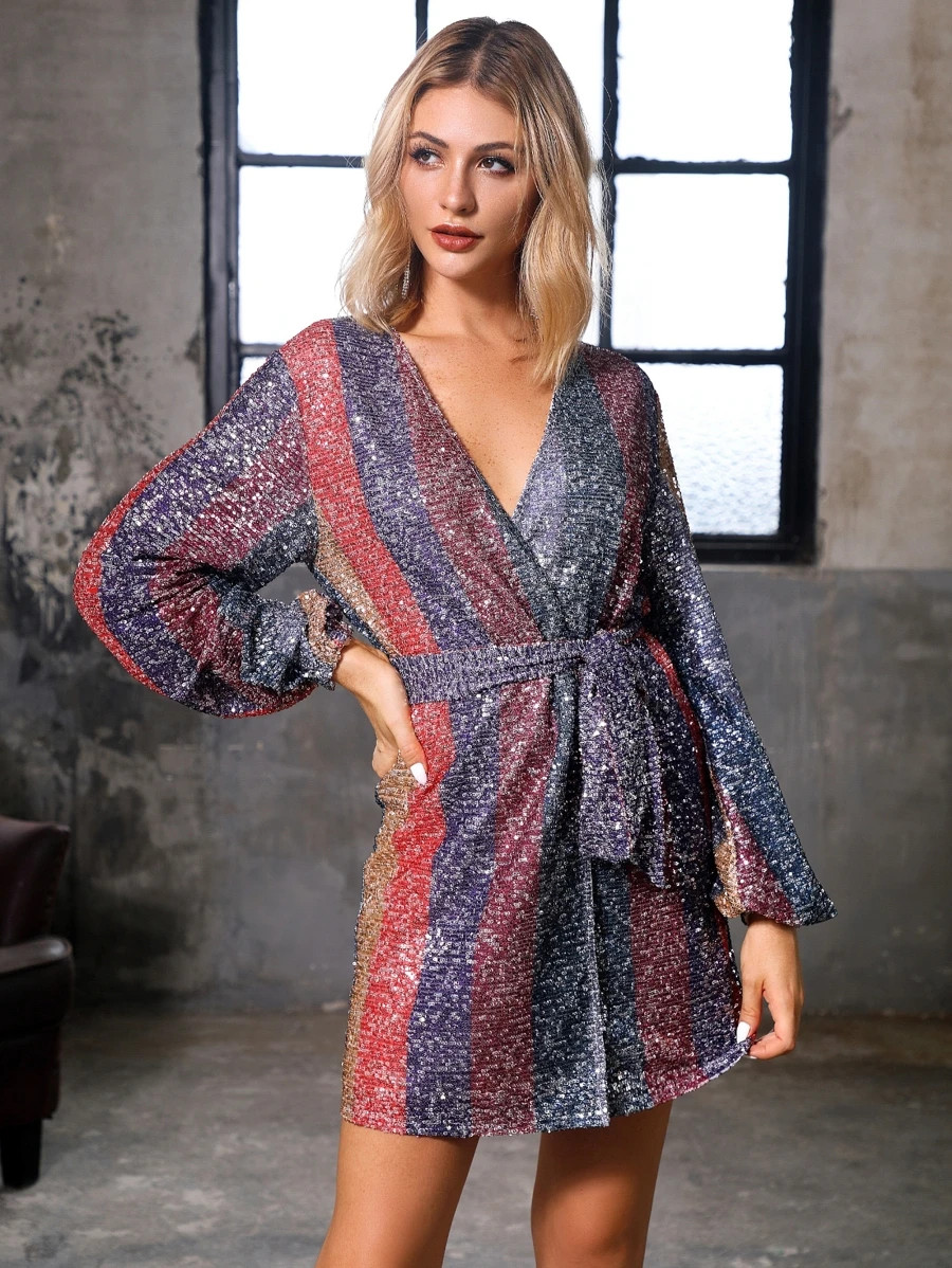 DKRX Striped Color-block Belted Wrap Sequin Dress | SHEIN