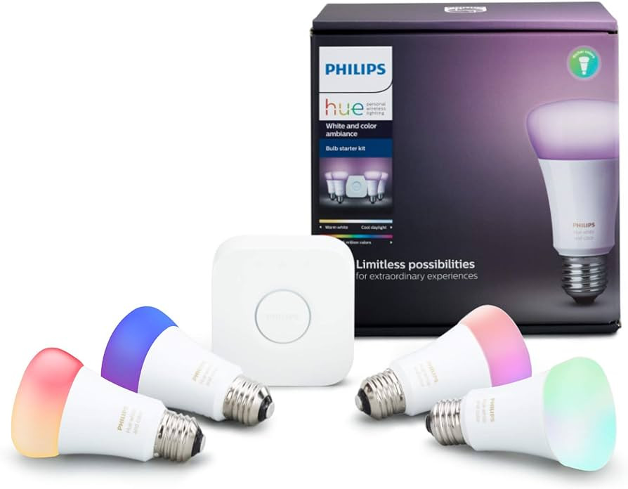 Philips Hue A19 LED Smart Bulb Starter Kit, 4 A19 Bulbs, 1 Hue Hub, Multi-color, 5 Piece Set | Amazon (US)
