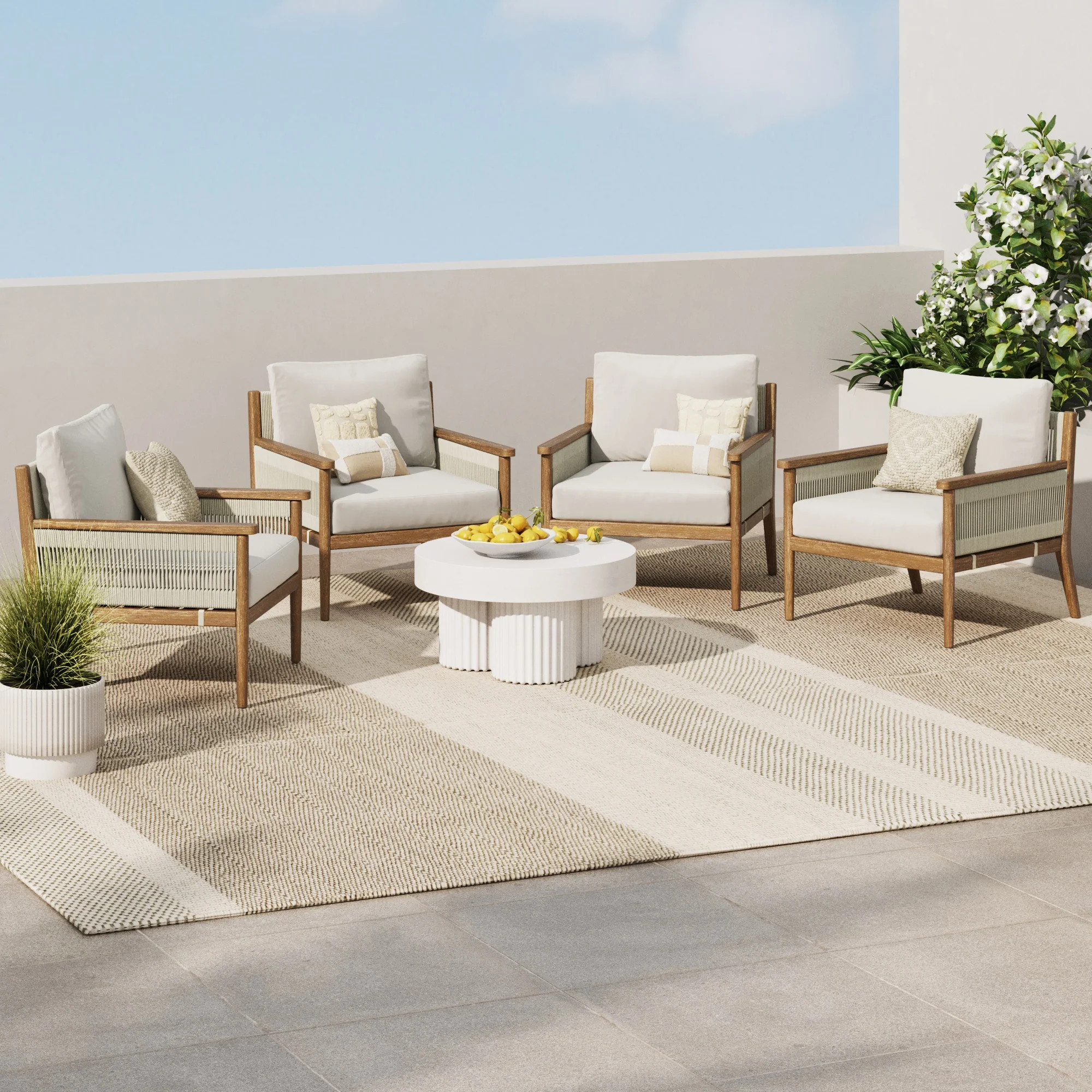 Outdoor Wood & Rope Patio Arm Chairs Light Gray (Set of 4) | Nathan James