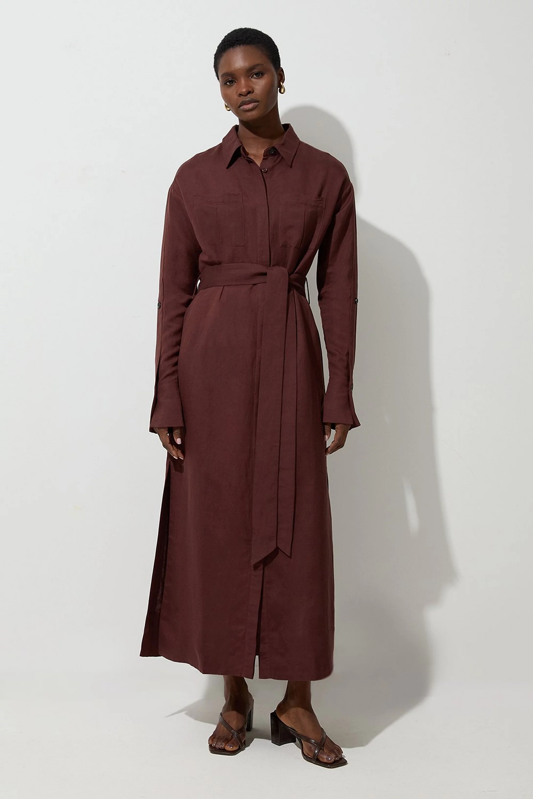 Viscose Linen Woven Belted Shirt Midi Dress | Karen Millen UK + IE + DE + NL