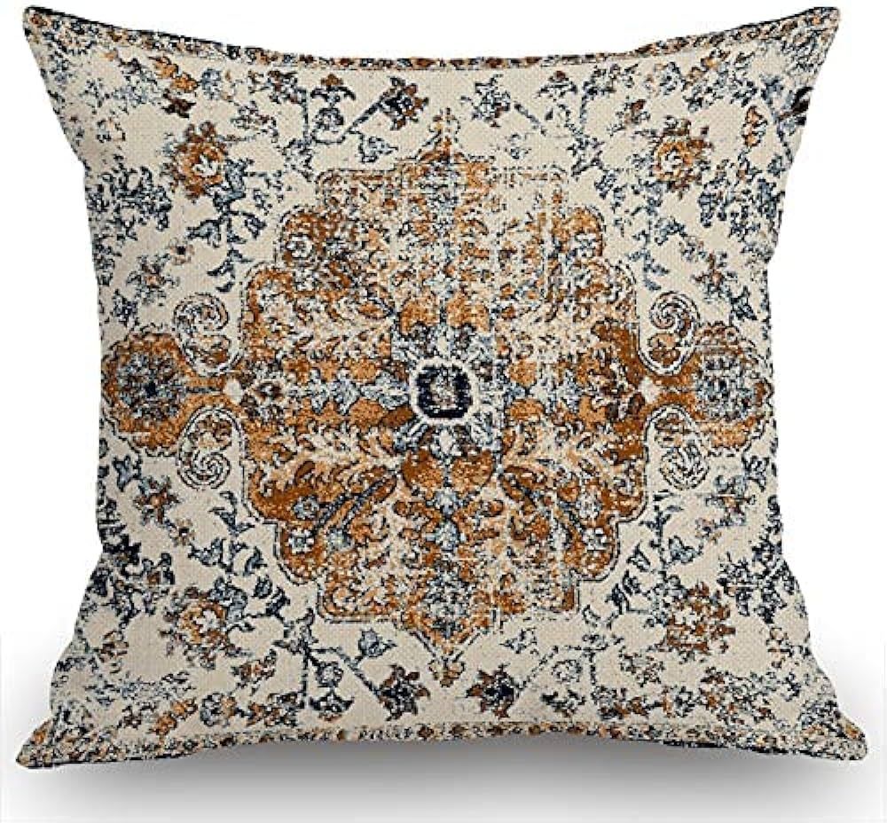 Moslion Carpet Pattern Boho Style Ethnic Design Gold Blue Decoration Farmhouse Décor Cotton Line... | Amazon (US)