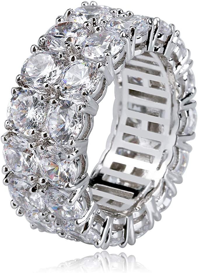 TOPGRILLZ 9mm 2Rows Round Cut 14K Silver Plated Iced out Lab Diamond Wedding Band Eternity Bands ... | Amazon (US)