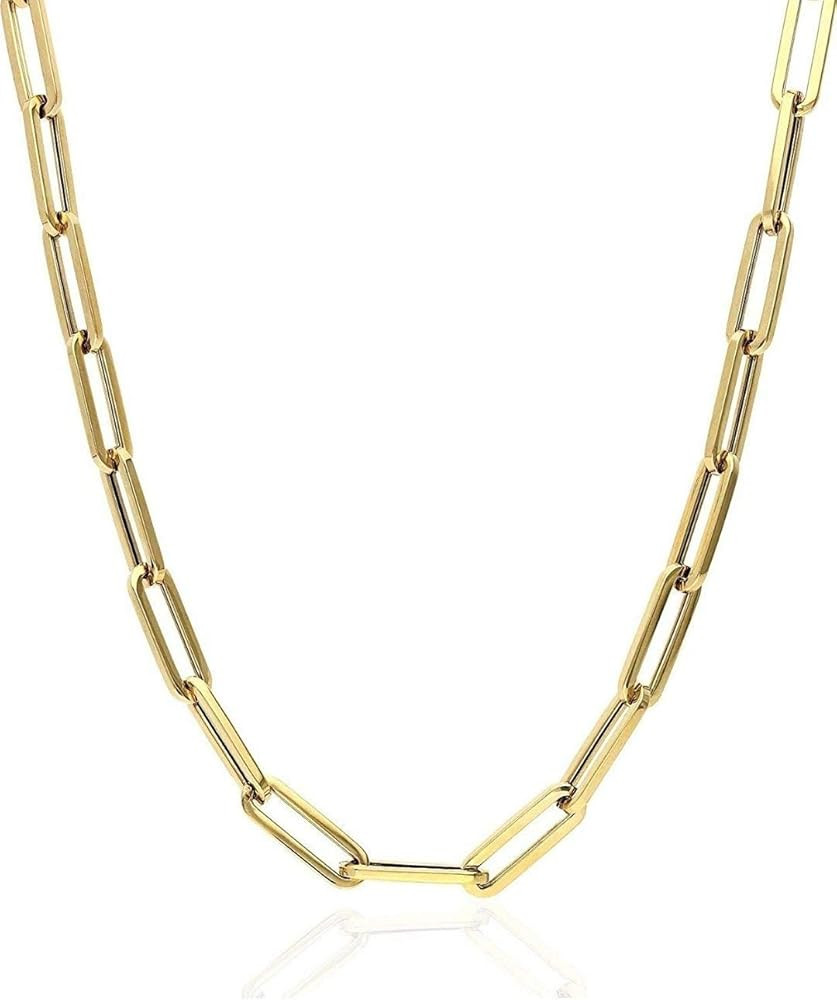 Solid 925 Sterling Silver - 14k Gold Plated - Elongated Rolo Paperclip Necklace - 2.5mm 3mm 4mm -... | Amazon (US)