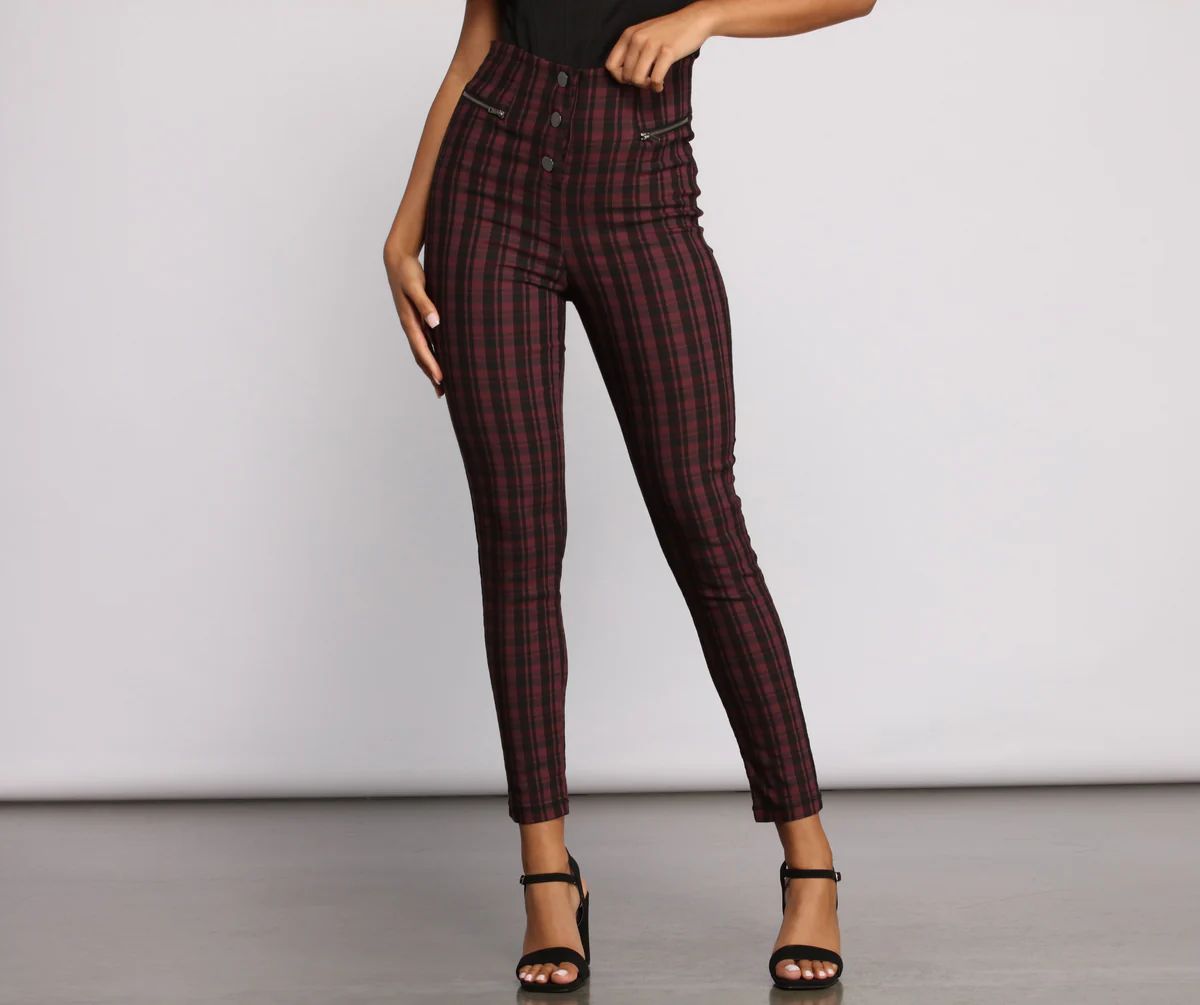 High Waist Snap Front Plaid Skinny Pants | Windsor Stores