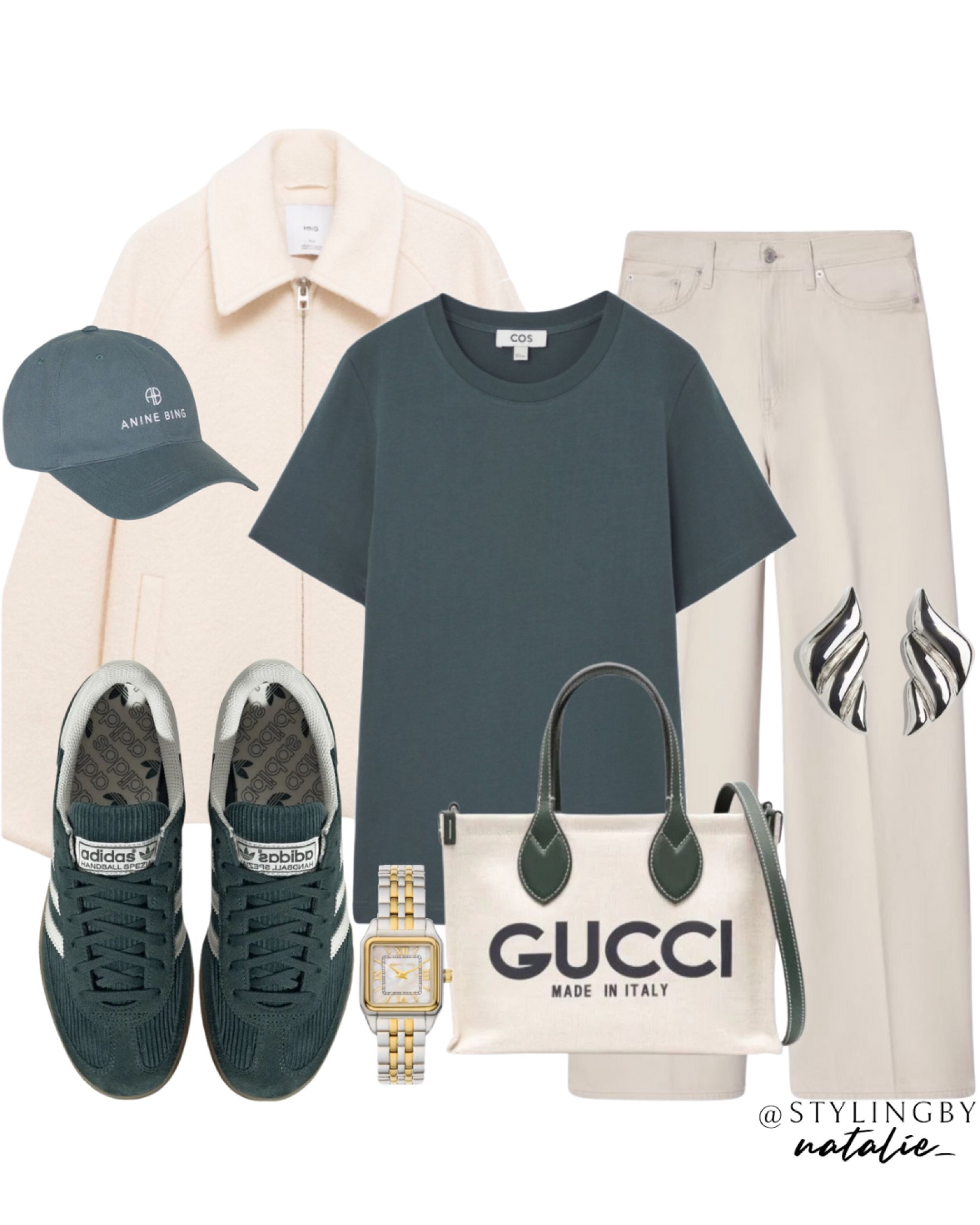 Wool zip up jacket, green T-shirt, beige jeans, Gucci tote bag with logo, green Adidas Spezial trainers, two tone watch, silver earrings & Anine Bing cap.
Autumn outfit, fall trends, sneakers

#LTKautumn #LTKeurope #LTKstyletip