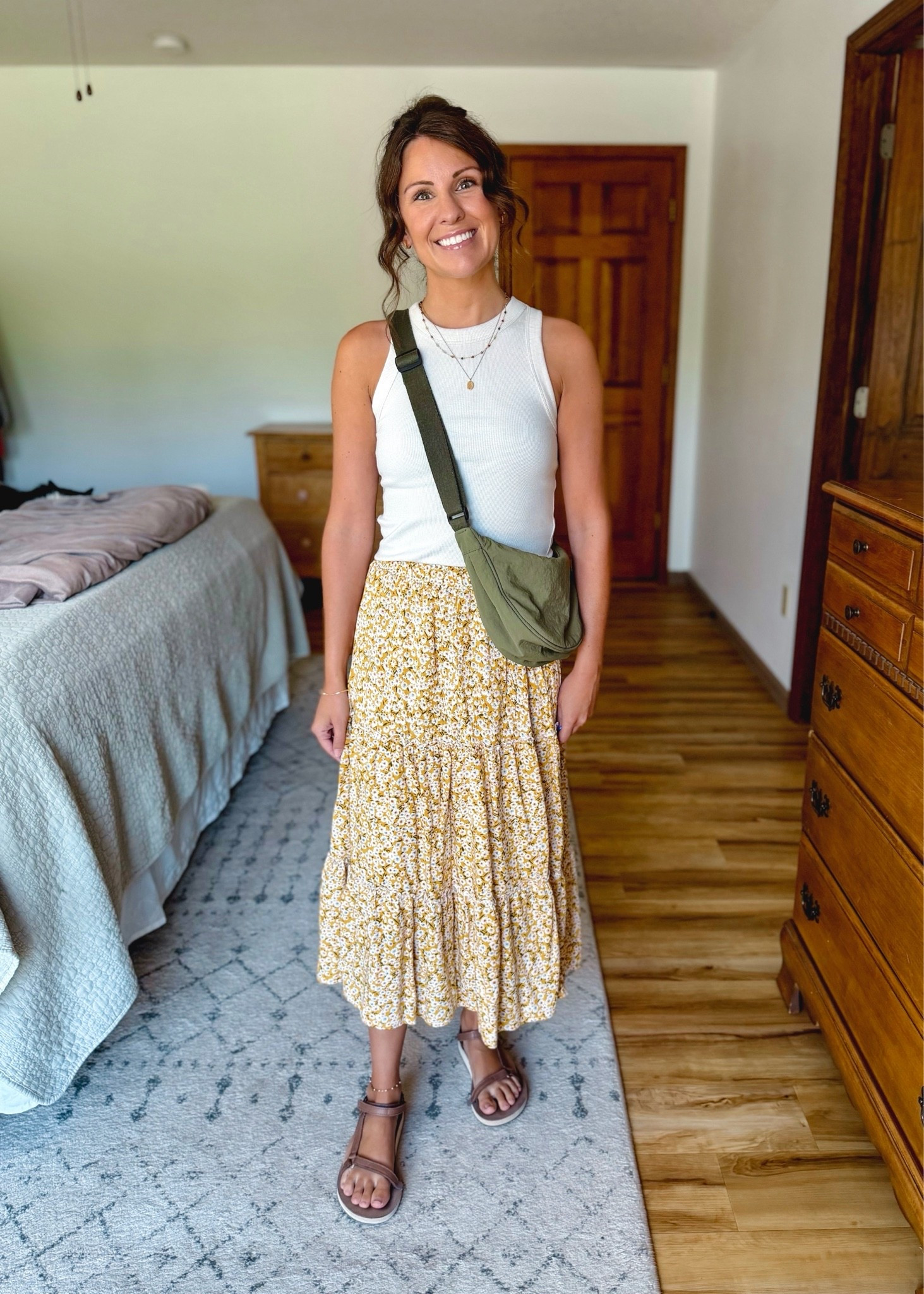 small in my bra, small in my tank, small in my skirt and 6 in my teva sandals. My green crescent crossbody bag is older so linked similar.

#LTKPetite #LTKmomlife #LTKootd