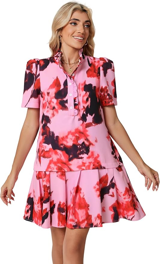 Women Floral Mini Dress Short Sleeve Stand Collar Button Up Elegant Work Swing Short Pleated Dres... | Amazon (US)
