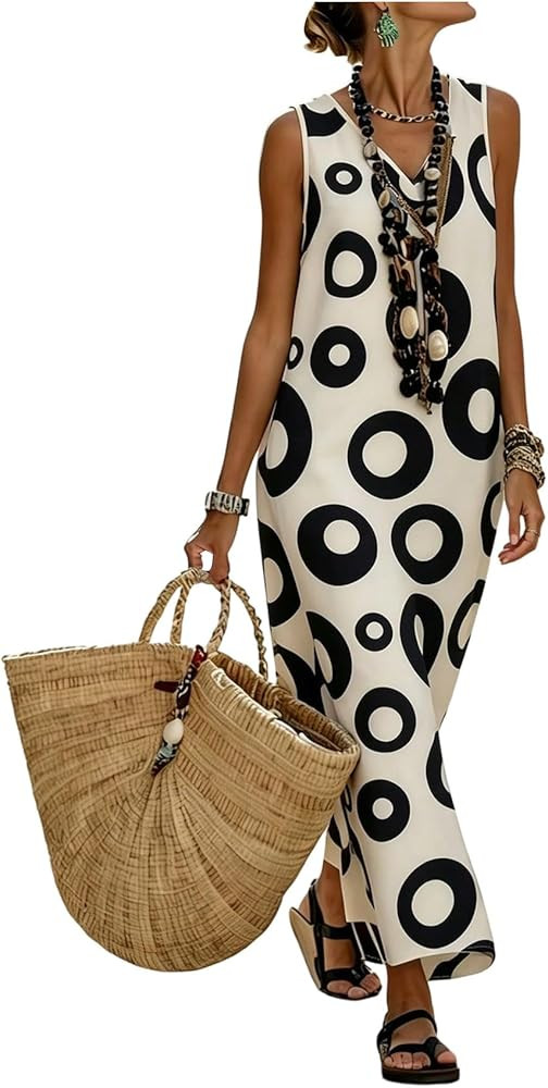 SHENHE Women's Summer V Neck Tank Maxi Dress Geometric Print Sleeveless Flowy Vacation Sundress | Amazon (US)