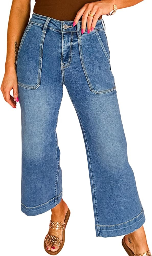 Astylish Women's 2026 Stretchy Wide Leg High Waisted Jeans Tummy Control Casual Cropped Ankle Den... | Amazon (US)