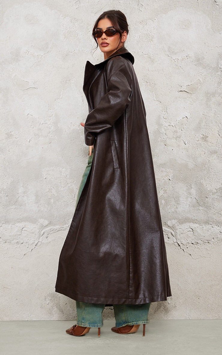 Chocolate Brown Faux Leather Croc Trench Coat | PrettyLittleThing UK