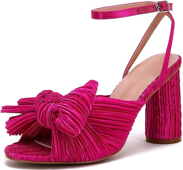 Women's Bow Knot Heeled Sandals Bridal Wedding Open Toe Ankle Strap Chunky Heels | Amazon (US)