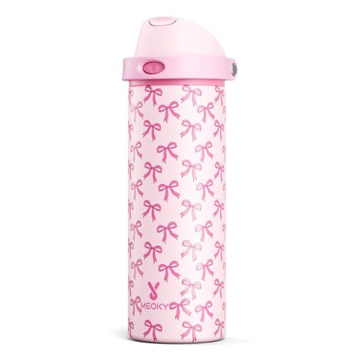 24 oz Insulated Water Bottle for Women: Meoky Stainless Steel Metal Water Bottle with 2-in-1 Straw and Spout Lid - Leak Proof, Cold for 24 Hours, Protective Silicone Base, BPA-Free for School, Bow | Amazon (US)
