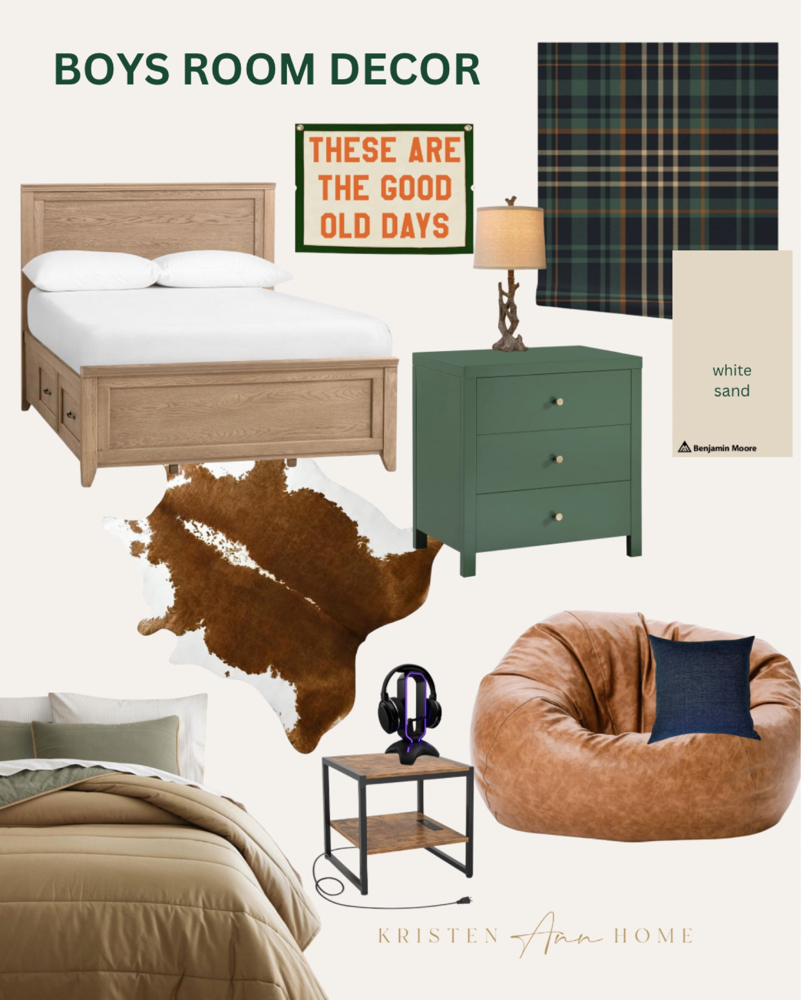 This decor works for a preteen or teen boys room. I would do the back accent wall with this plaid wall paper and then paint the other walls a good tan color like Benjamin Moore’s white sand. I love texture and pattern in any space so I think it would be fun to throw down a faux cowhide rug and add a sticks lamp on the bedside table. 

#LTKHome #LTKFamily #LTKStyleTip