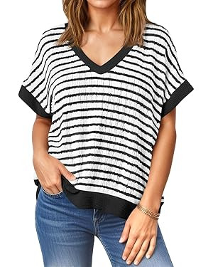 Tankaneo Womens V Neck Short Sleeve T-Shirts Oversized Knit Striped Tops 2026 Trendy Casual Loose... | Amazon (US)