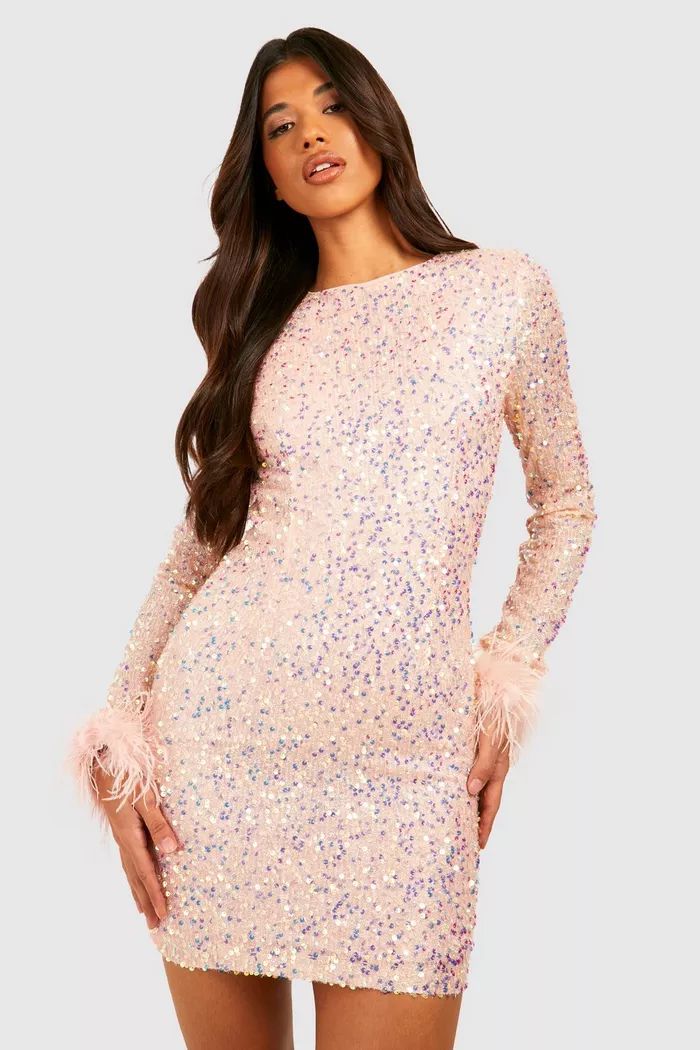 Tall Sequin Feather Cuff Bodycon Dress | boohoo (US & Canada)