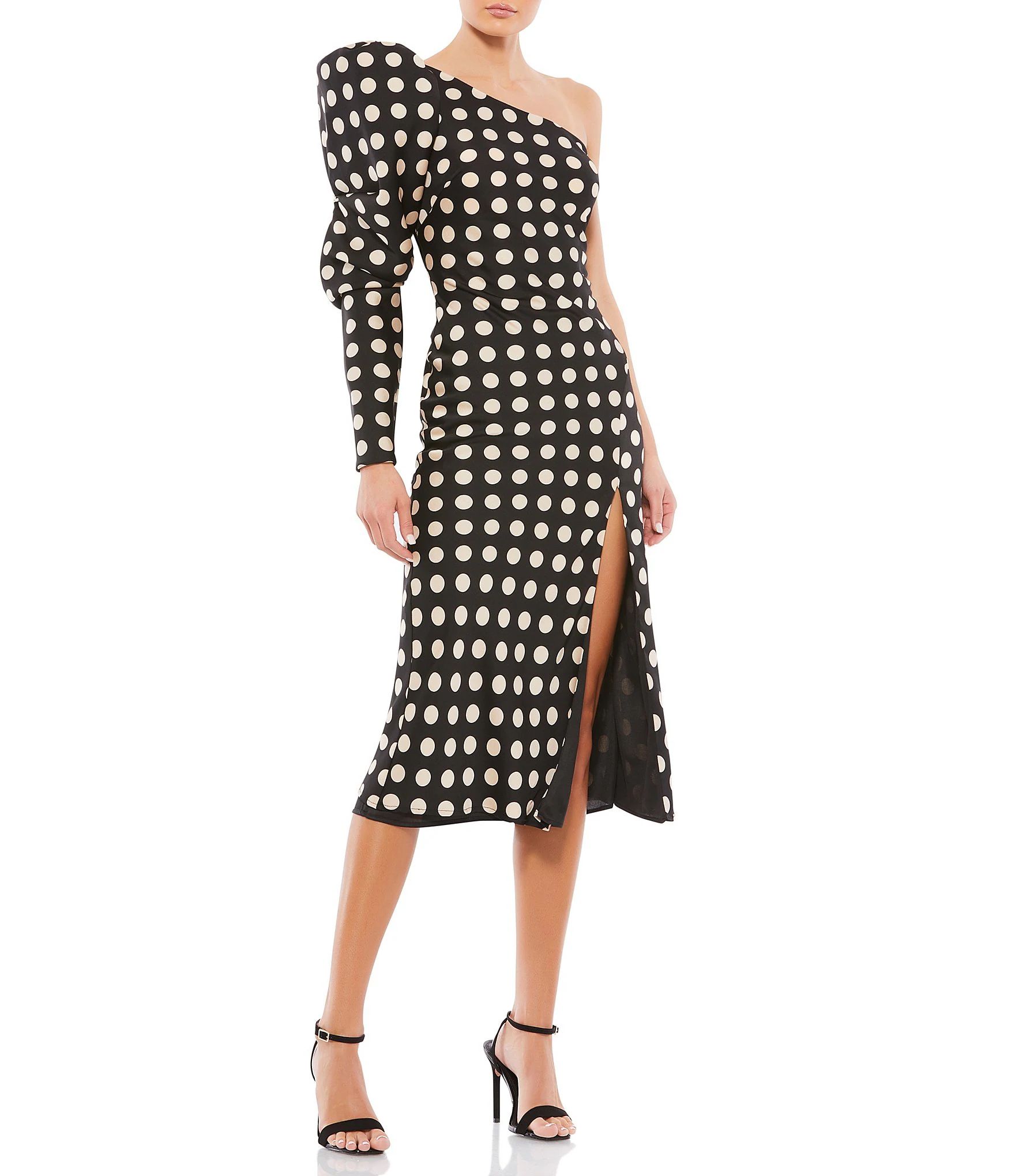 Mac Duggal One Shoulder Puffed Long Sleeve Polka Dot Front Slit Midi Sheath Dress | Dillard's | Dillard's