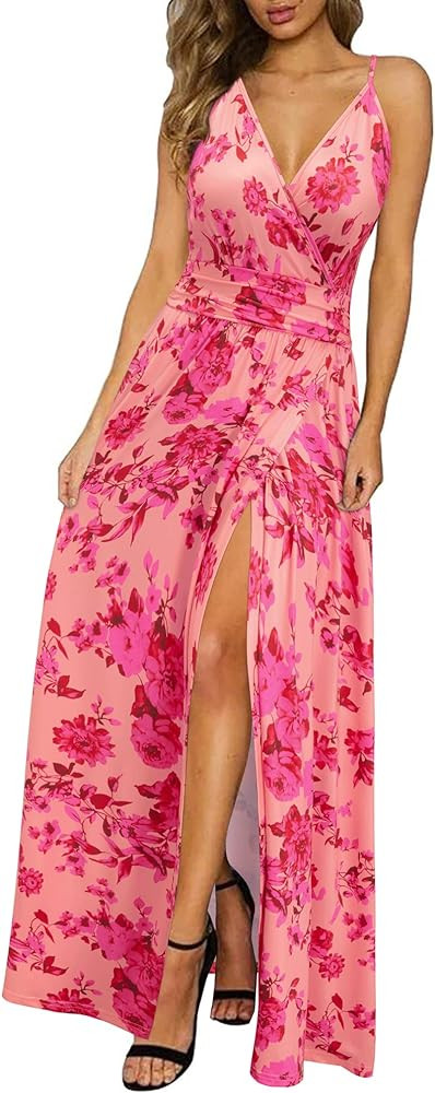 Newshows Women's 2024 Summer Maxi Dress Spaghetti Strap Spring Casual Boho V Neck Split Beach Lon... | Amazon (US)