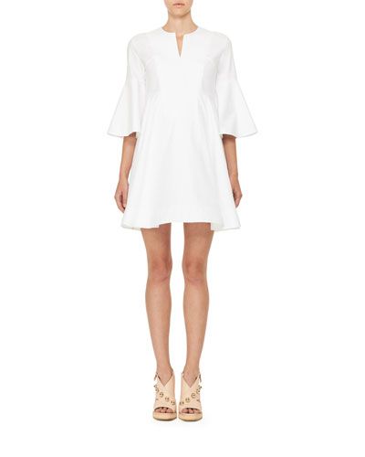 Bell-Sleeve Poplin Fit-and-Flare Dress, White | Neiman Marcus