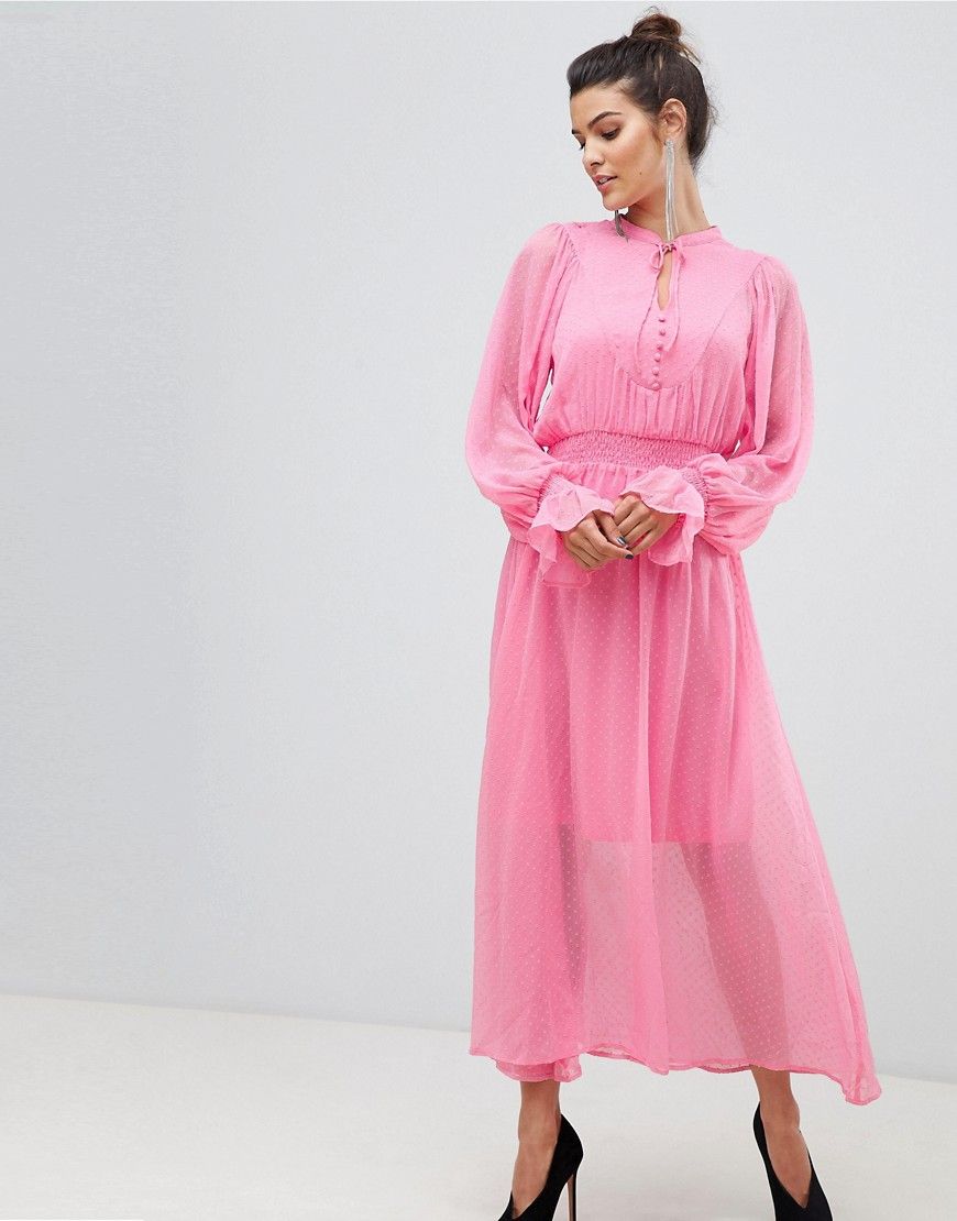 Y.A.S tie neck chiffon spot maxi dress in pink - Pink | ASOS US