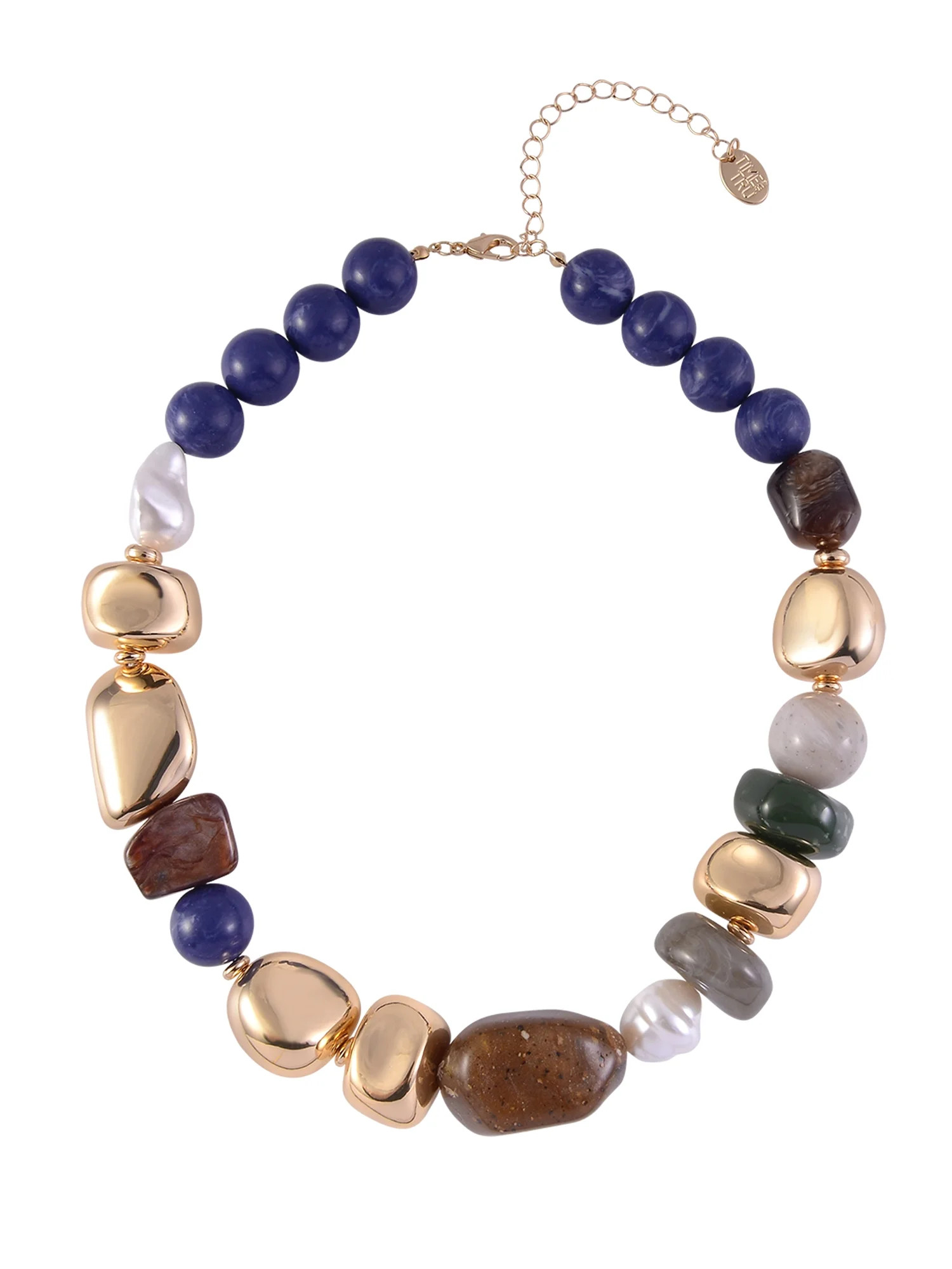 Time and Tru Women's Mixed Bead Wide Necklace, Blue, Brown and Gold-Tone | Walmart (US)