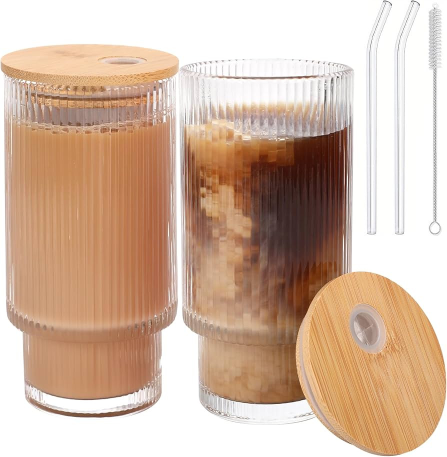 Glass Cups with Bamboo Lids and Straws - 16 oz Iced Coffee Cups, Vintage Ribbed Drinking Glasses,... | Amazon (US)