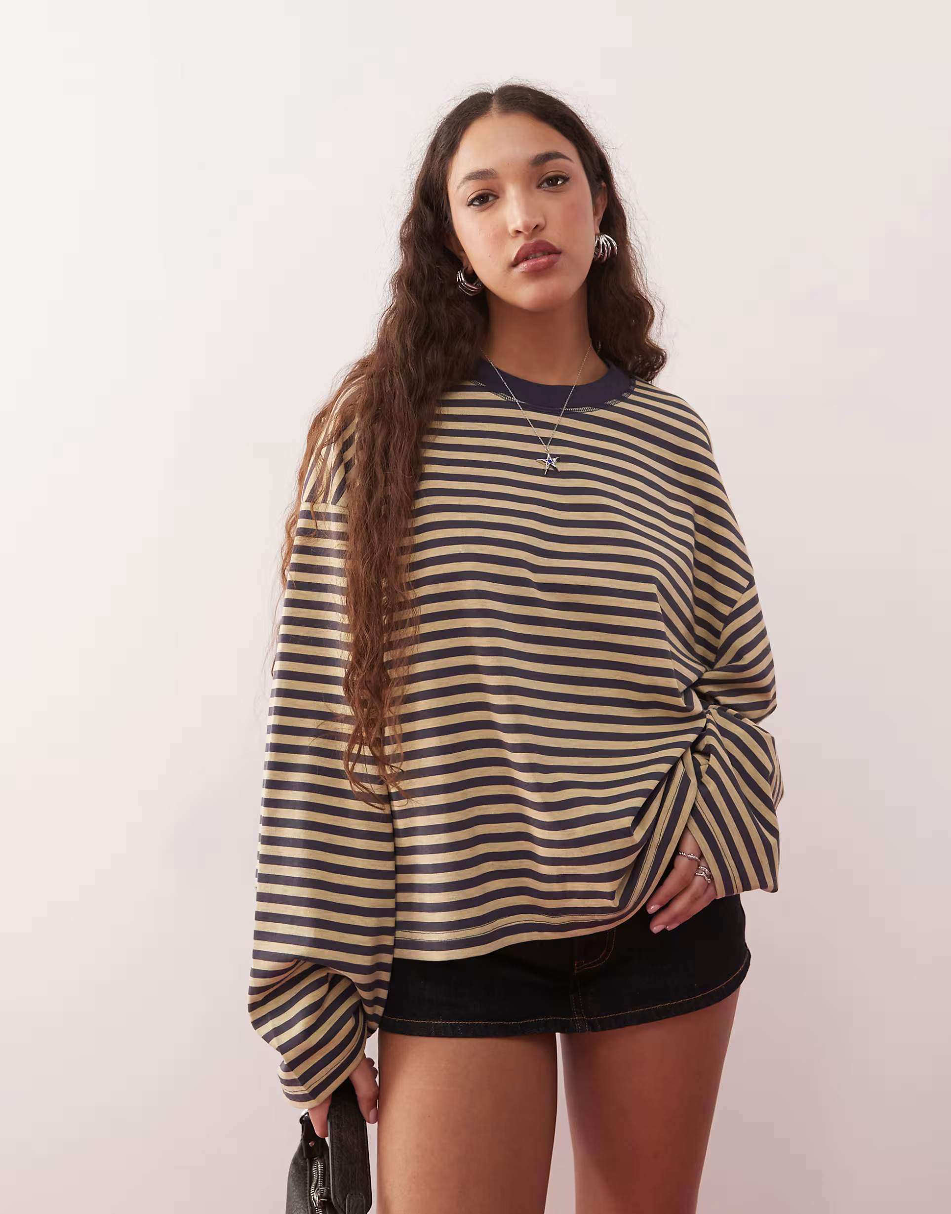 Lioness Bloom cotton blend long sleeve crew neck boxy t-shirt in beige & navy stripe | ASOS (Global)