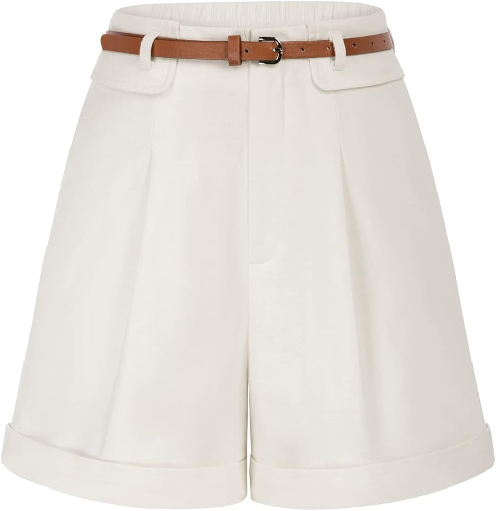 Belle Poque Bermuda Shorts for Women with Belt Pockets High Waisted Fold-Over Leg Opening Cotton ... | Amazon (US)