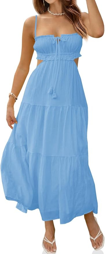 Amazon.com: Fisoew Women's Spaghetti Strap Maxi Dress Summer Sleeveless Side Cut Out Dress Casual... | Amazon (US)