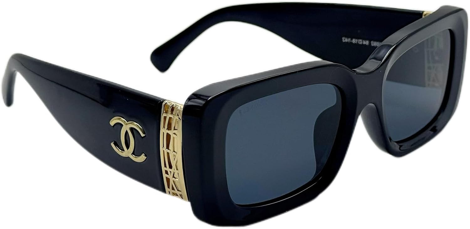 Black Oversized Square Sunglasses with Gold Logo | Amazon (US)
