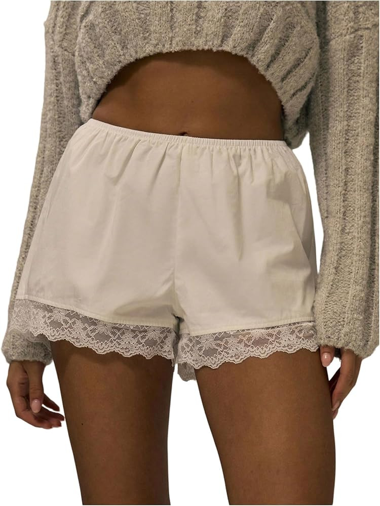 MakeMeChic Women's Lace Trim Mini Shorts Elastic Waist Low Rise Straight Leg Lounge Shorts | Amazon (US)