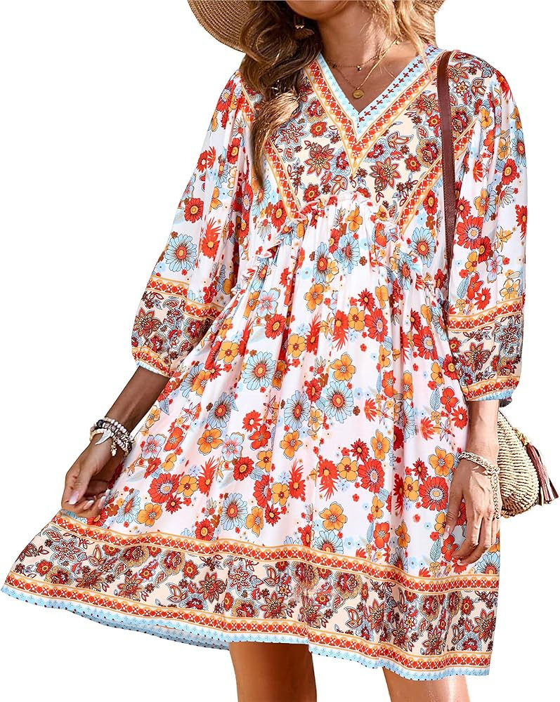 BTFBM Women Casual Spring Summer Dresses V Neck 3/4 Long Sleeve Ruffle Floral Flowy Boho Babydoll... | Amazon (US)