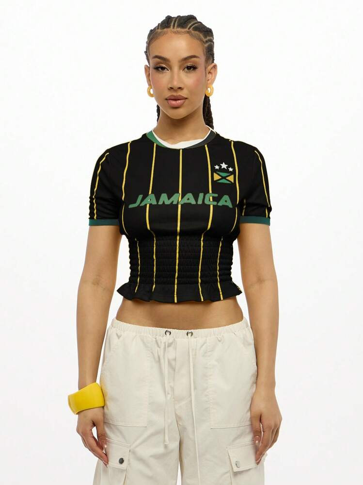 SUMWON WOMEN Jamaica Football Team Supporter Cinched Waist Jersey Cropped National Flag Sports Fa... | SHEIN
