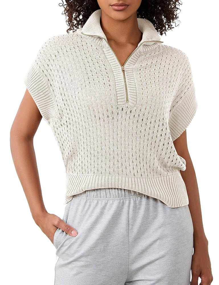 Womens Crochet Sweater Quarter Zip Cap Sleeve Tops Lightweight Hollow Out Summer Fall Sweater Pul... | Amazon (US)