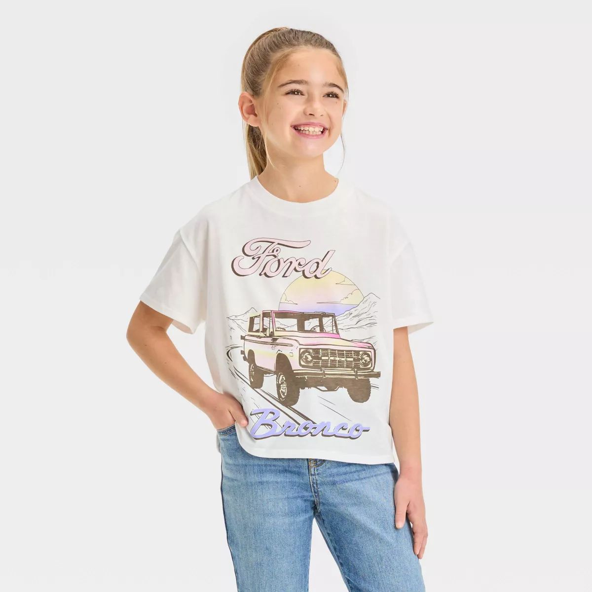 Girls' Ford Bronco Boxy Short Sleeve Cropped Graphic T-Shirt - Ivory | Target