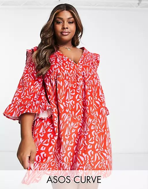 ASOS DESIGN Curve cord mini smock dress with ruffle shoulder in red abstract print | ASOS (Global)