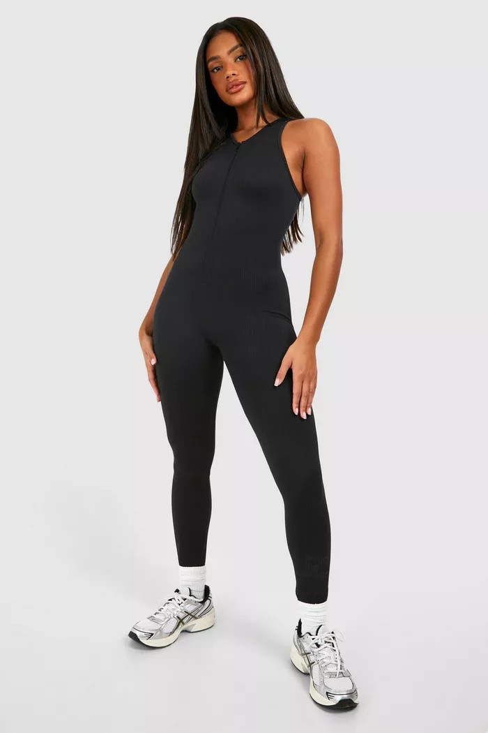 Contour Seamless Rib Zip Sleeveless Unitard Jumpsuit | boohoo (US & Canada)