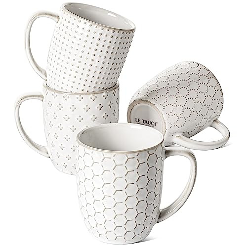LE TAUCI Coffee Mugs 12 oz, Ceramic Mug Set, Embossment Cups for Latte, Hot Tea, Cappuccino, Moch... | Amazon (US)