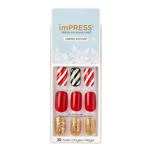 Kiss imPRESS Press-on Manicure Kit Holiday Designs, Doorbuster, Medium Length, Squoval, Artificai... | Walmart (US)