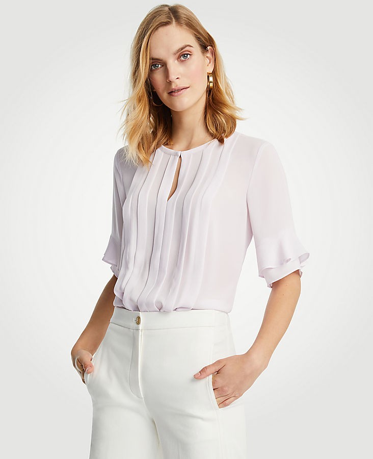 Ruffle Sleeve Split Neck Top | Ann Taylor (US)