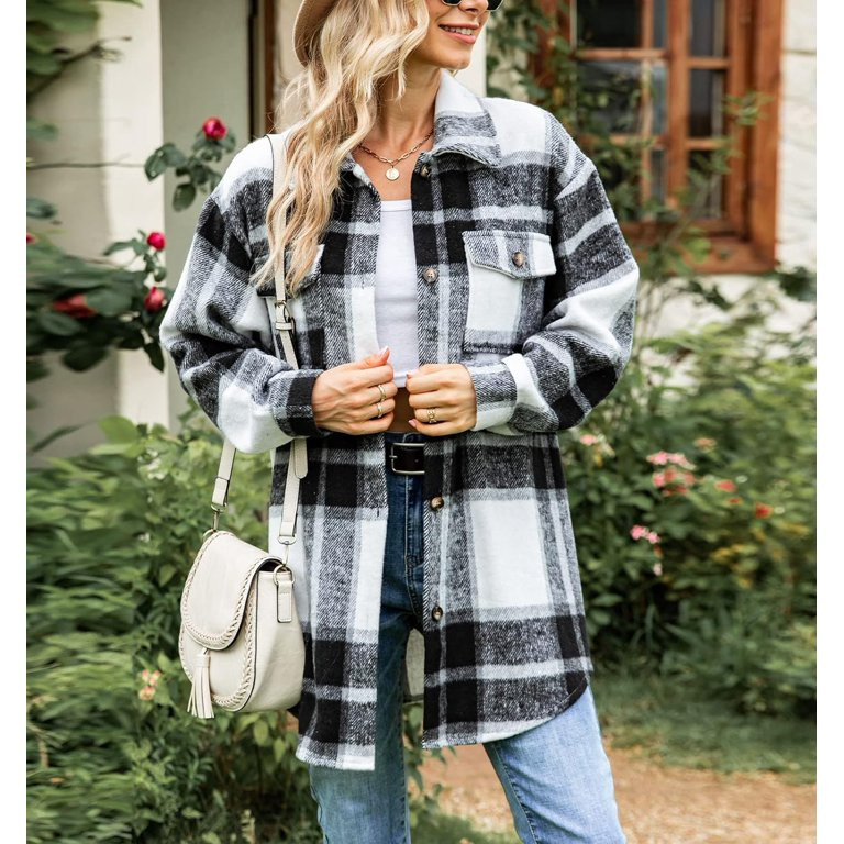 PuliPuqi Women's Casual Flannel Plaid Jacket Long Sleeve Button Down Shacket Shirts Coats | Walmart (US)